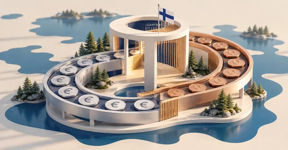 Suomen lipulla varustettu vaihtopaviljonki sekä euroja ja digitaalisia valuuttoja kuvaavat kolikot havainnollistavat kotimaista kryptovaluuttapalvelua järvimaisemassa.