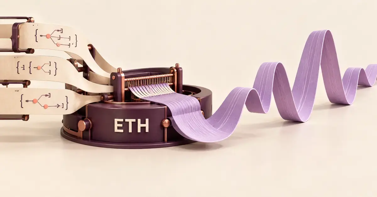 Ethereumin ohjelmoitavaa alustaa kuvaava ETH-kone yhdistää sovellusnauhat violetiksi, hinnan vaihtelua symboloivaksi aaltoilevaksi nauhaksi.