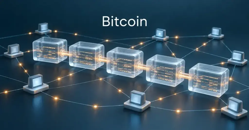 Bitcoinin lohkoketjua kuvaavat läpinäkyvät, toisiinsa yhdistetyt lohkot ja niitä ympäröivä hajautettu tietokoneverkko.