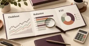 Sijoittajan työpöydällä oleva avoin analyysikansio, osakkeiden, rahastojen ja ETF:ien kaaviot sekä suurennuslasi ja laskin havainnollistavat sijoituskohteiden vertailua.