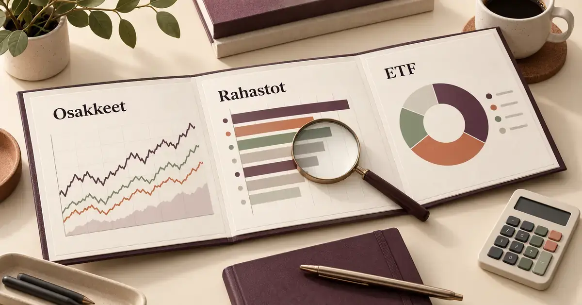 Sijoittajan työpöydällä oleva avoin analyysikansio, osakkeiden, rahastojen ja ETF:ien kaaviot sekä suurennuslasi ja laskin havainnollistavat sijoituskohteiden vertailua.